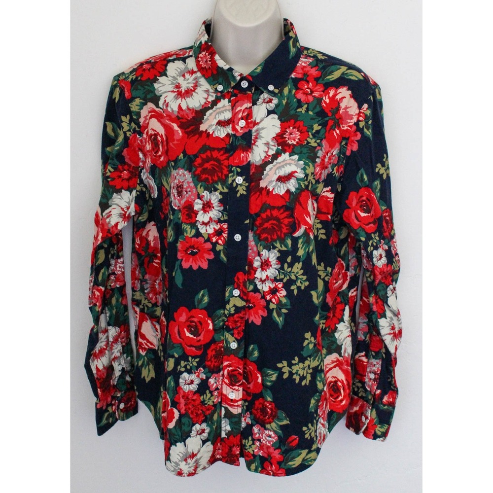 Brooks Brothers Button Down Shirt Womens 12 Blue Red Floral Rose Long Sleeve